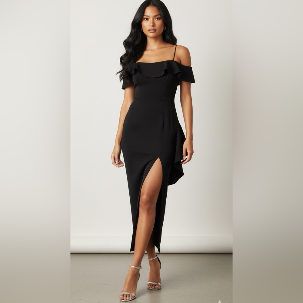 NBD Revolve Ruffle Off Shoulder Slit Maxi Dress